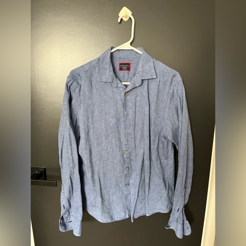 UNTUCKit Men's Casual Linen Denim Blue Button Down Shirt